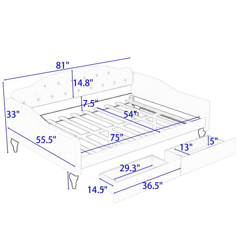 Full Size Linen Upholstered  Daybed With Two Drawers And Slats