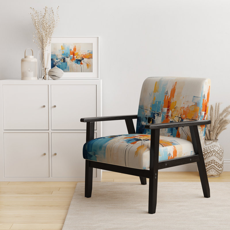 Paper Euphoria I - Upholstered Midcentury Modern Arm Chair, Blue, Black