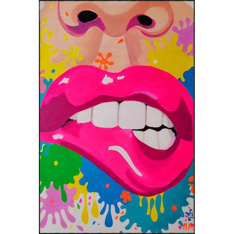 Tapis tissé avec des lèvres roses et un motif de visage humain, Rectangle 5 pi 2 po x 7 pi 7 po