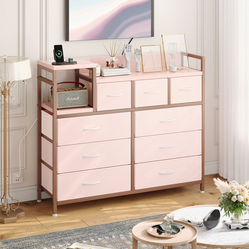 Meuble télé moderne à 9 tiroirs avec station de charge et prises de courant, commode de rangement pour console multimédia, centre de divertissement à tablette ouverte pour le salon et la chambre à coucher