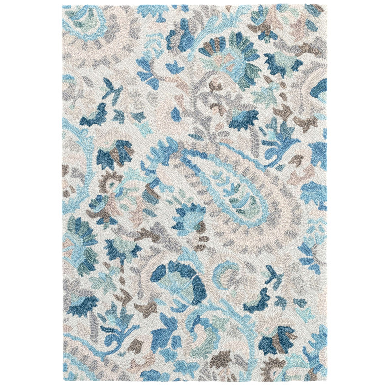 Tapis bleu en laine crocheté à la main Ines, Rectangle 9 pi 6 po x 13 pi 6 po