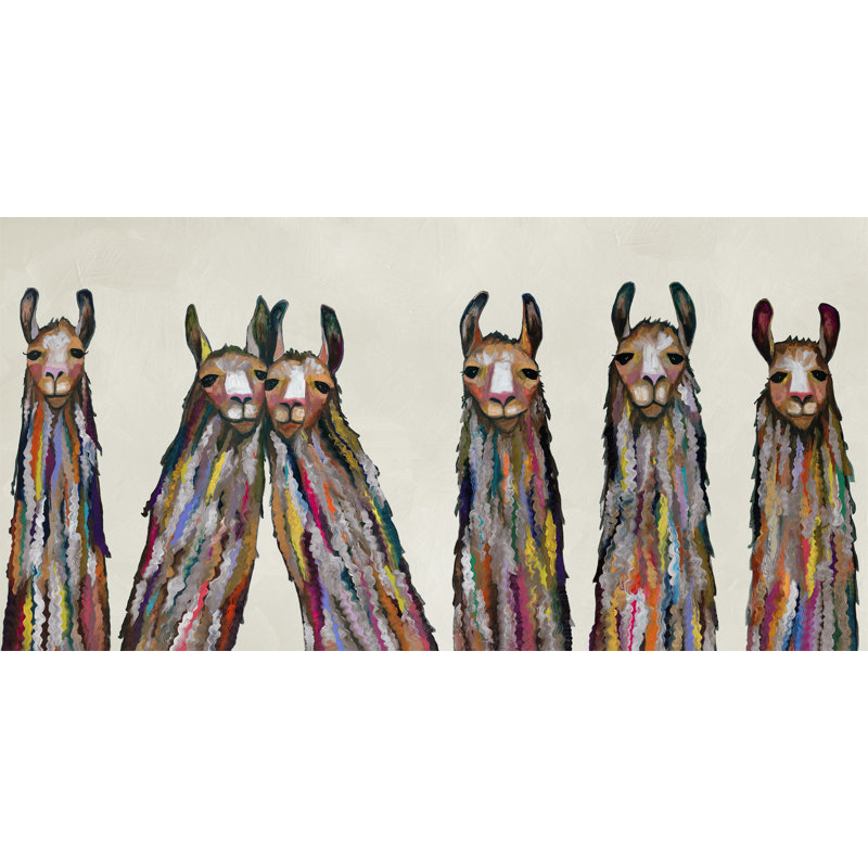 Six liamas sur crème par Eli Halpin - reproduction de photo sur toile, H 12 po x l 24 po, Toile tendue