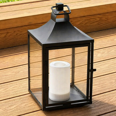 H14 Inch Classic Farmhouse Outdoor Solar Lantern With Flickering Led Candle Black Metal Decorative Lantern With Tempered Glass Hanging Lantern For Patio Porch Garden Table