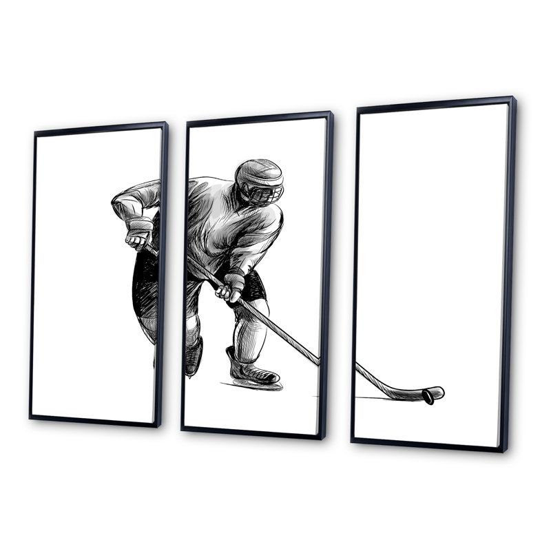 Esquisse d'un joueur de hockey dans un sport d'hiver - reproduction de cadre flottant 3 pièces sur toile, Cadre noir