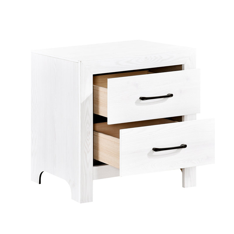 Table de chevet de chambre à coucher en blanc rustique avec 2 tiroirs et poignées en métal noir - Poignées centrales de style moderne