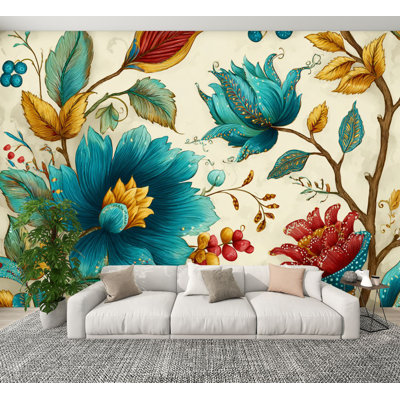 Papiers peints et adhésifs rétro à motif floral coloré à motif de feuilles jaunes et ornementales murales de salle de bain H 100 po x l 144 po Papier mural amovible en PVC autocollant pour chambre à coucher, bureau à domicile