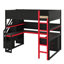 Lit mezzanine en bois pleine grandeur pour jouer avec des escaliers pour le rangement, bureau intégré, tablettes et panneau perforé-856865531-856865533