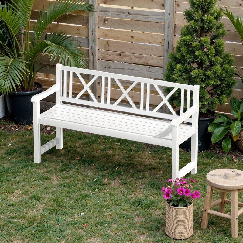 Banc d'extérieur 56 po, banc de véranda, banc de jardin avec dossier et accoudoirs, blanc