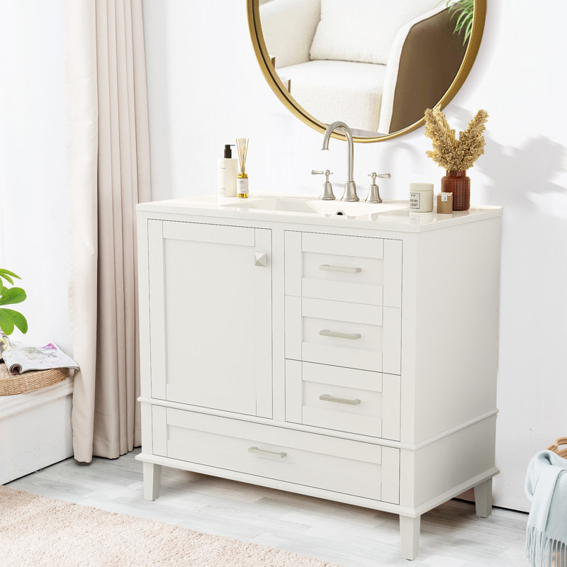 36" Bathroom Vanity With Solid Pine Frame And Ceramic Sink, Silver, White