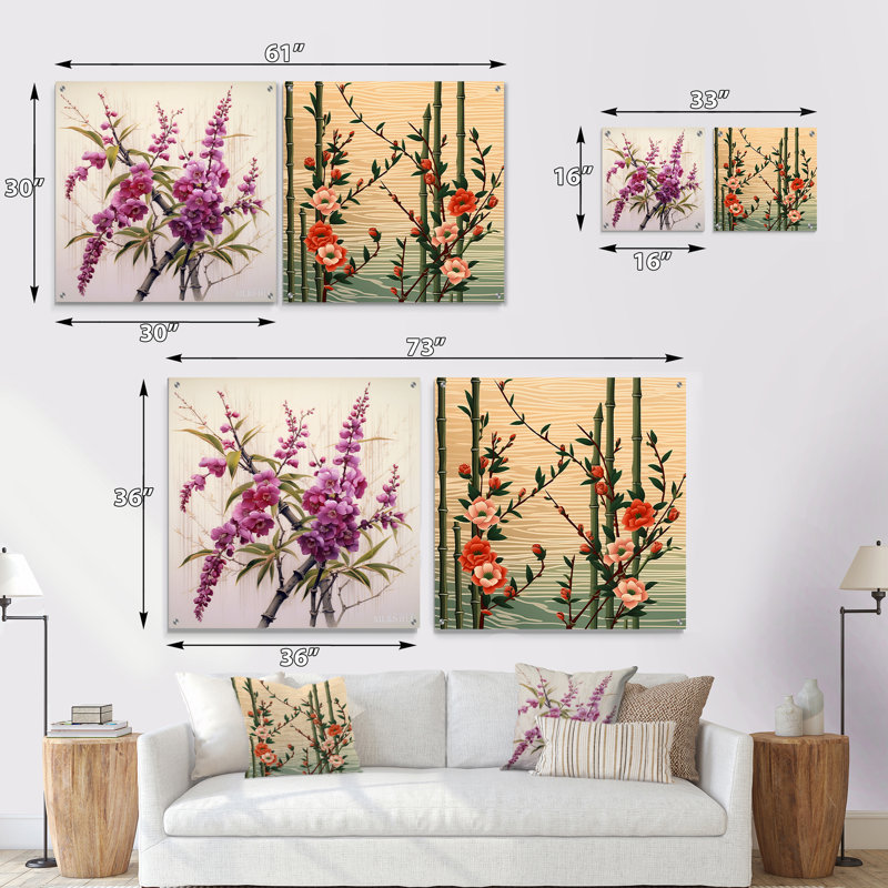 Bambou et fleurs de prunier - ensemble de 2 verres muraux en acrylique, H 16 po x l 33 po