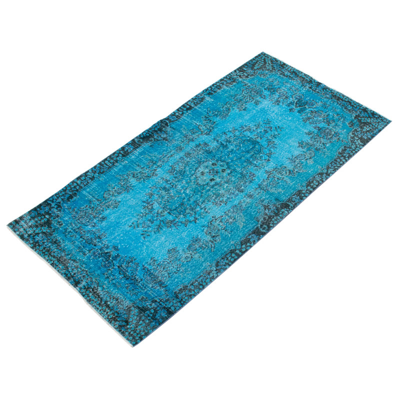 Tapis bleu ciel en laine noué à la main de conception unique 3 pi 9 po x 7 pi 2 po Keiser