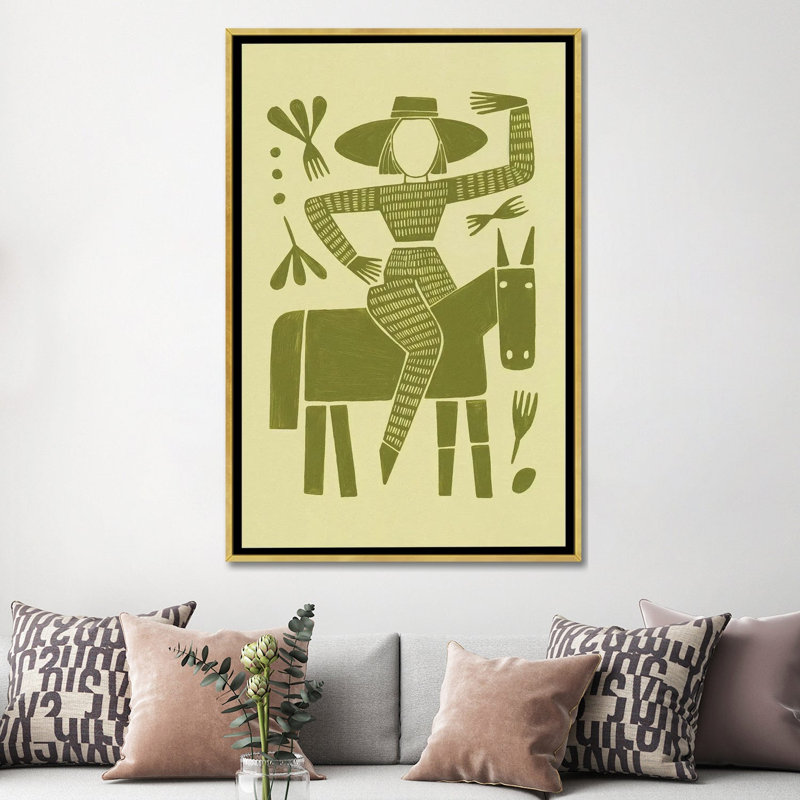 «Abstract Horse Rider In Green», reproduction d'art sur toile encadrée, 60 po x 40 po, Toile avec cadre, Doré