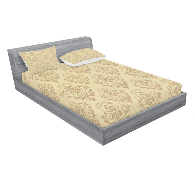 Microfiber Sheet Set, Queen Sheet Set with Fitted Sheet, Beige Damask