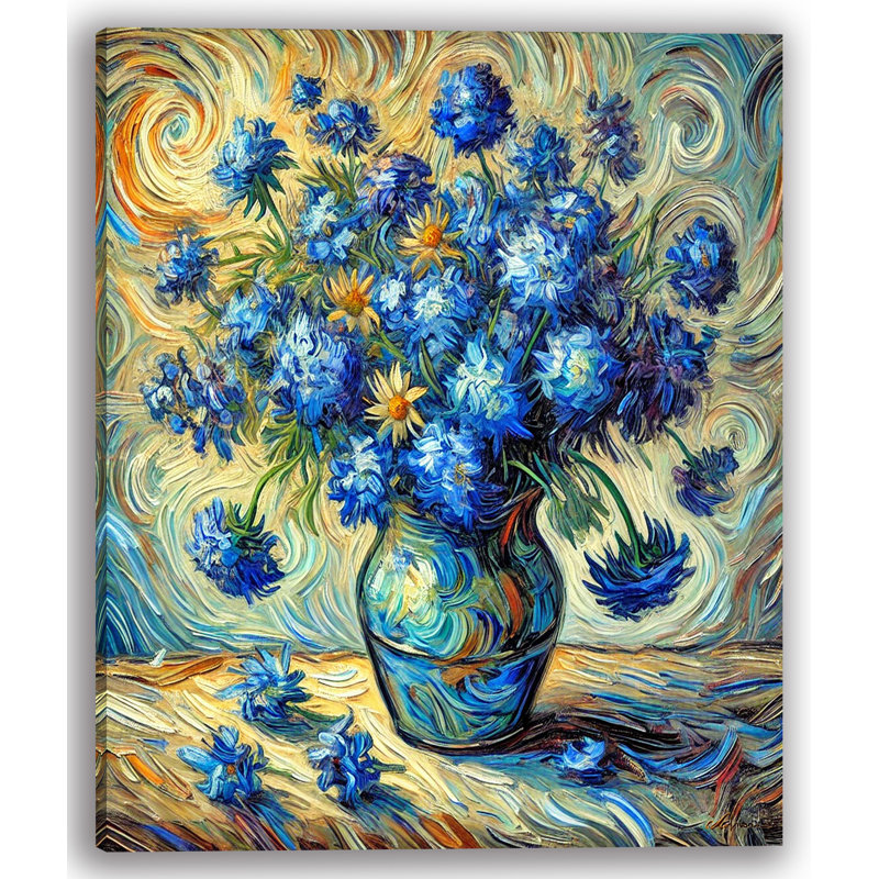 «Vibrant Blue Wildflowers in Swirling Vase», art mural sur toile tendue, H 16 po x l 12 po x P 1 po