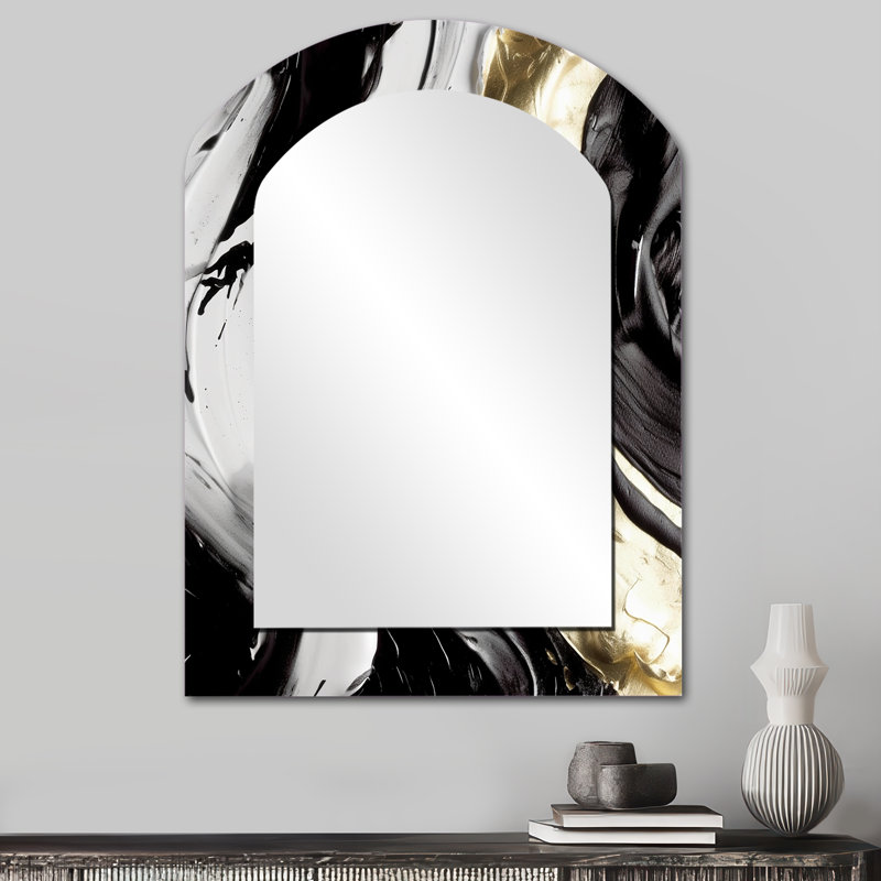 Exquis Darling or abstrait vague sur fond noir IV - peinture abstraite arche unique miroir mural décor, grand miroir asymétrique doré, art imprimé en métal