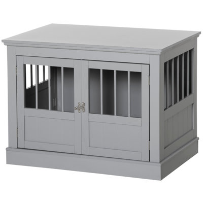 Table de bout pour chien avec portes triples, cage à chien en bois pour l'intérieur, cage à chiot avec tubes en acier, pour petits chiens, gris étain