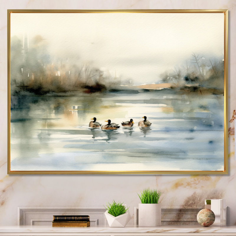 «Ducks in Pond II», art mural sur toile, H 24 po x l 32 po x P 1 po, Cadre flottant doré
