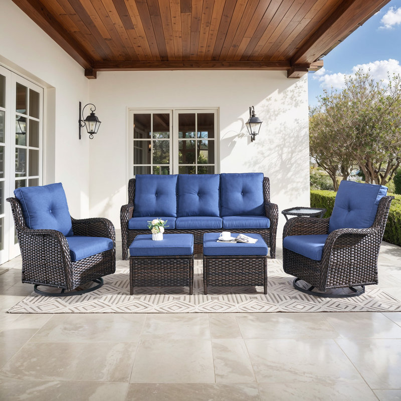 Wendye 6-Piece Outdoor Wicker Patio Set With Swivel Rockers, 3-Seater Sofa & Ottomans, Blue