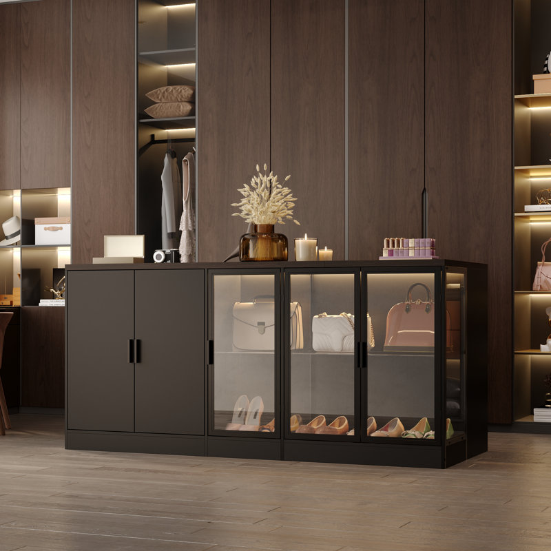 Black Woodgrain Closet Island With LED Lighting & Glass Doors