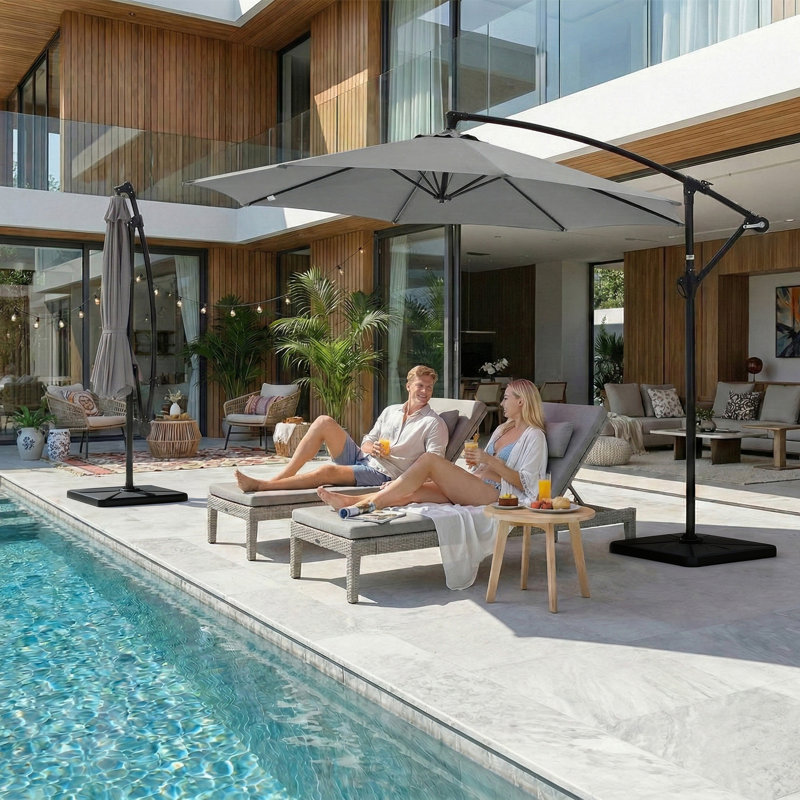 3 Piece Outdoor Patio Set with 10 Ft Cantilever Outdoor Umbrella with Base, Gray