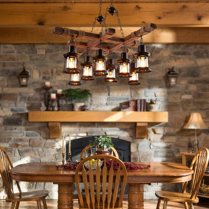 8-Light Industrial Wooden Chandelier