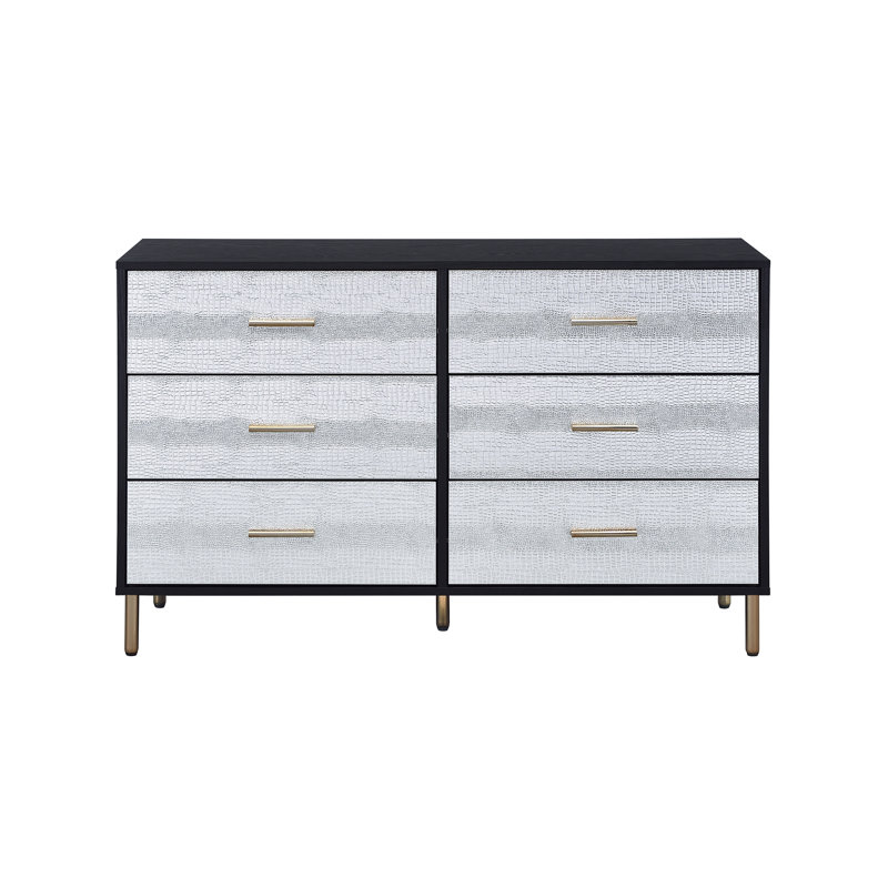Commode rectangulaire à 6 tiroirs, Noir / argenté