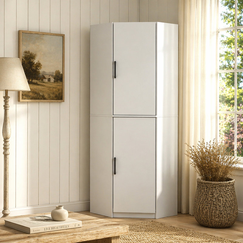 Armoire de coin blanche, armoire de rangement autoportante en L de 70,87 po de hauteur avec 2 portes et tablettes, armoire d'angle peu encombrante avec organisateurs de porte pour la cuisine, la salle à manger et le salon