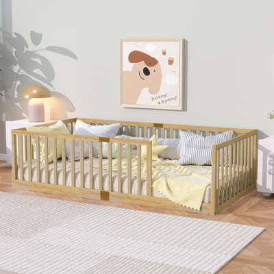Lit simple en bois d'hévéa avec balustrades et 6 lattes renforcées, parfait pour la sécurité et le confort des enfants (sans matelas)