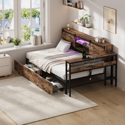 Twin Size Corner Bed Frame with Storage, Charging Station and RGB LED Light