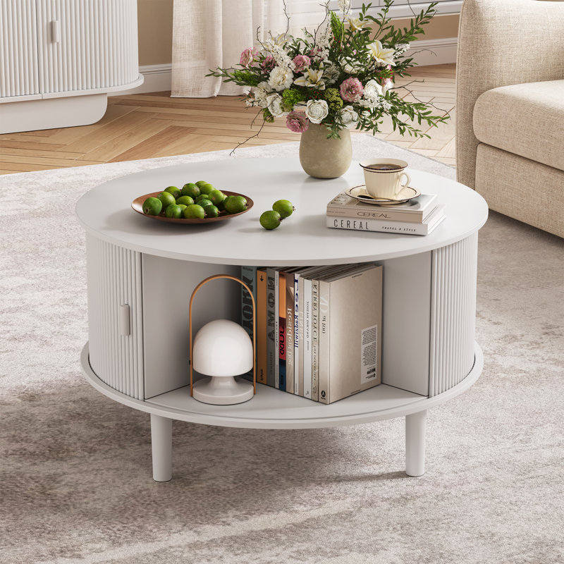 Table basse ronde avec rangement, table basse circulaire cannelée avec portes coulissantes, table de salon Mid-Century moderne