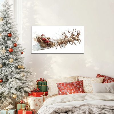 Grand père Noël et renne, art mural sur toile, traîneau de Noël, impressions sur toile, vacances d'hiver, affiche d'art mural de Noël, impression d'art pour la décoration intérieure, 24 po x 48 po