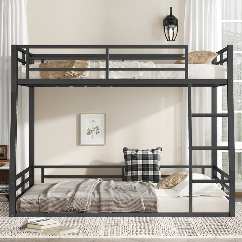 Lit superposé au-dessus de grand lit double en métal noir pour les adolescents et les adultes - espace, calme, cadre, sommeil facile à assembler, installation rapide