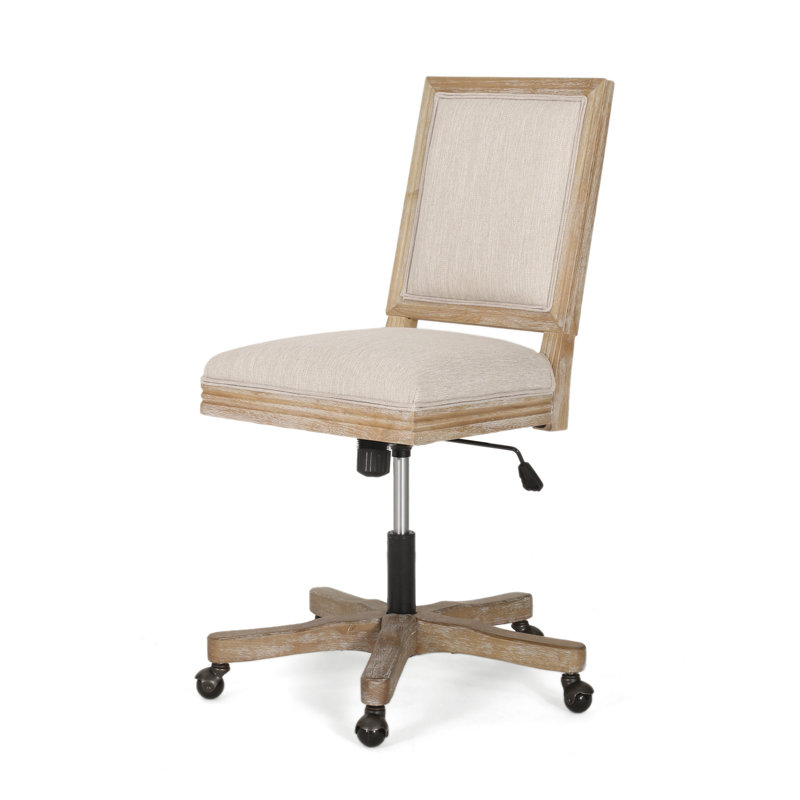 Chaise de bureau pivotante roulante, tissu beige, bois brun clair patiné