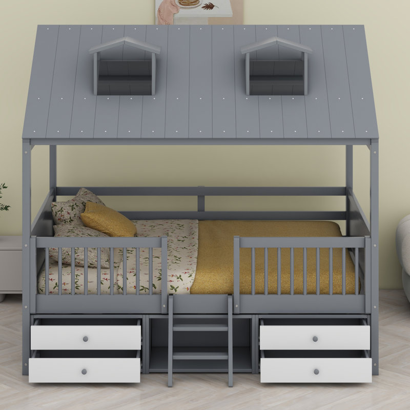 Structure de lit maison avec clôture sur toute la longueur, toit, échelle et 4 tiroirs de rangement, Double, Gris
