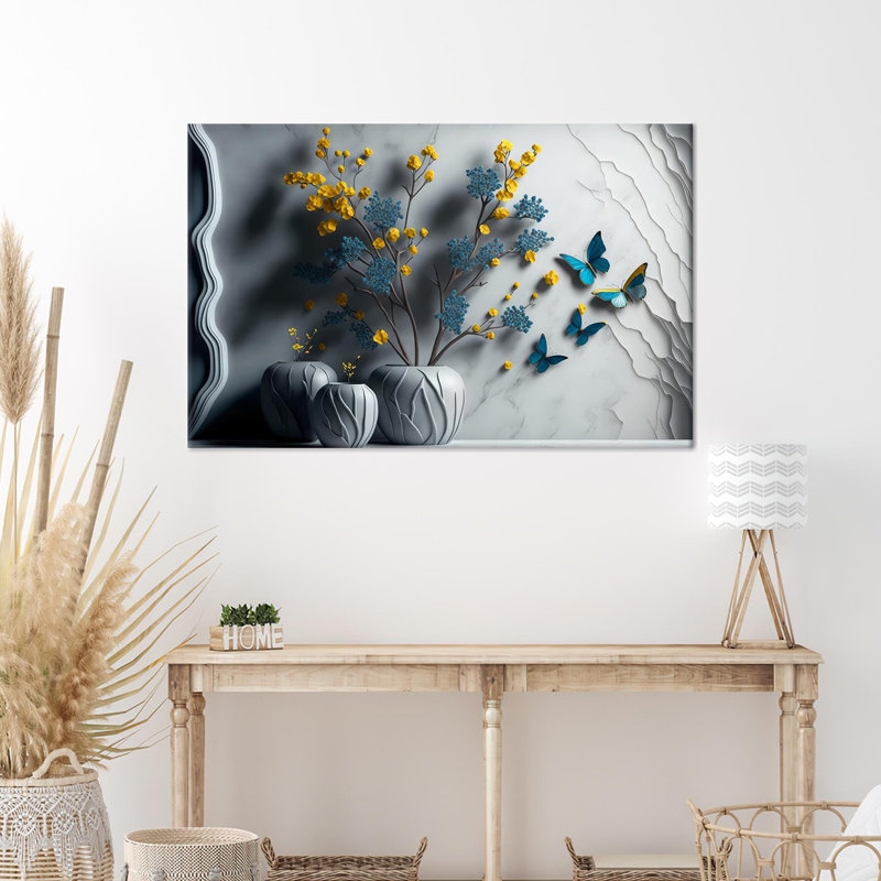 Décoration murale botanique avec fleurs et papillons imprimée sur une toile de luxe encadrée pour une touche artistique moderne à votre décor