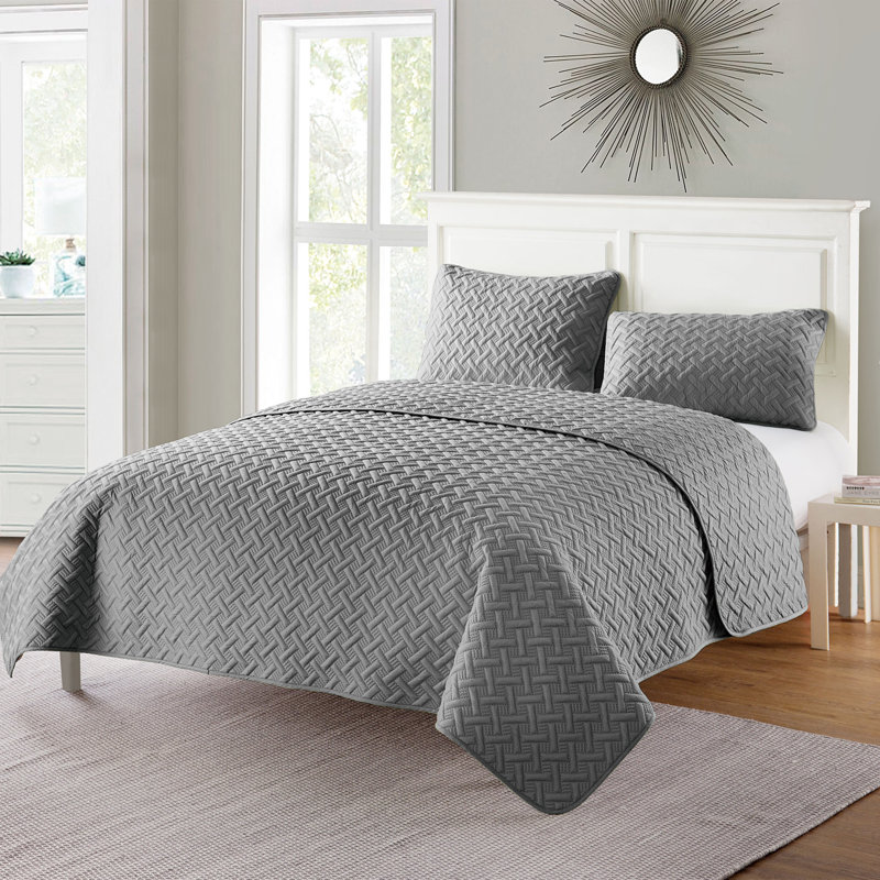  Microfiber Reversible Modern & Contemporary Set, Full/Queen Coverlet + 2 Shams, Grey