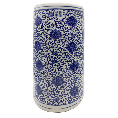  Rustic Chinese Porcelain Umbrella Stand with Blue & White Floral Design