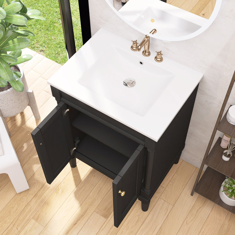 Meuble-lavabo de style rétro avec porte à fermeture en douceur et lavabo en céramique, Black