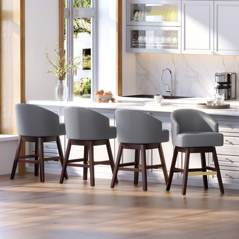 Tabouret de comptoir pivotant en similicuir de 26,4 po avec pieds en bois massif, Bleu gris