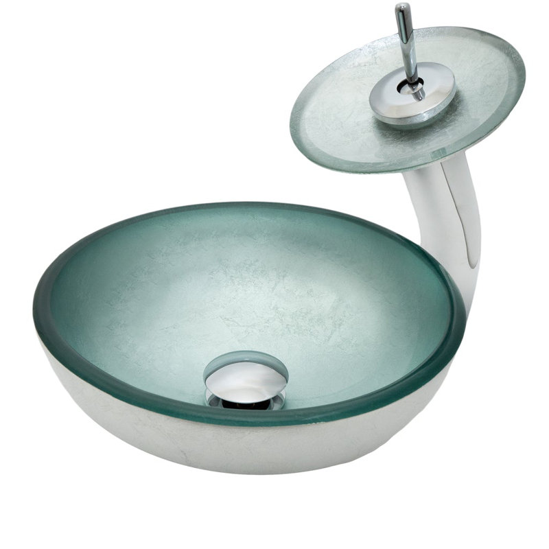 Lavabo de salle de bain vasque circulaire en verre avec robinet, Argent, Chrome