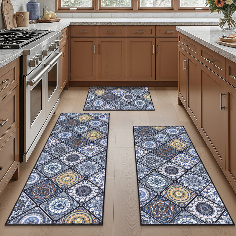 Tapis et tapis de cuisine lavables antidérapants (ensemble de 3), Bleu