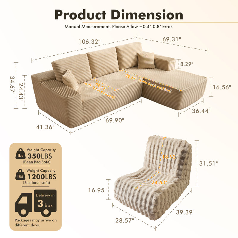 Ensemble de meubles de salon 3 pièces, ensemble de canapé moderne en mousse souple, canapé modulaire en L et fauteuil à billes sans accoudoirs, aucun assemblage requis