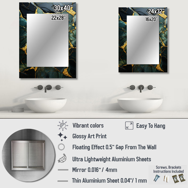 Green and gold Abstract marble stone melodies II - Marble Large Wall Mirror, Modern Unique Mirror, Printed Metal Art