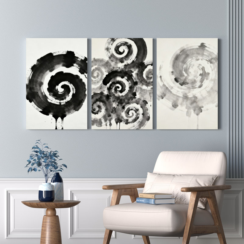 Abstrait, encre spirale encre abstraite, reproduction d'art en noir et blanc (ensemble de 3), H 18 po x l 36 po