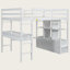 Lit mezzanine double avec bureau intégré, tiroirs et tablettes de rangement, lit station de travail en bois massif pour enfants, adolescents et adultes, blanc