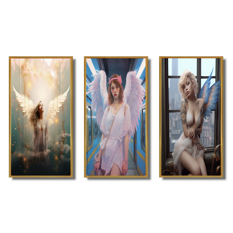 «Glorious Ascendant Angel», 3 pièces, Cadre flottant doré, H 40 po x l 60 po
