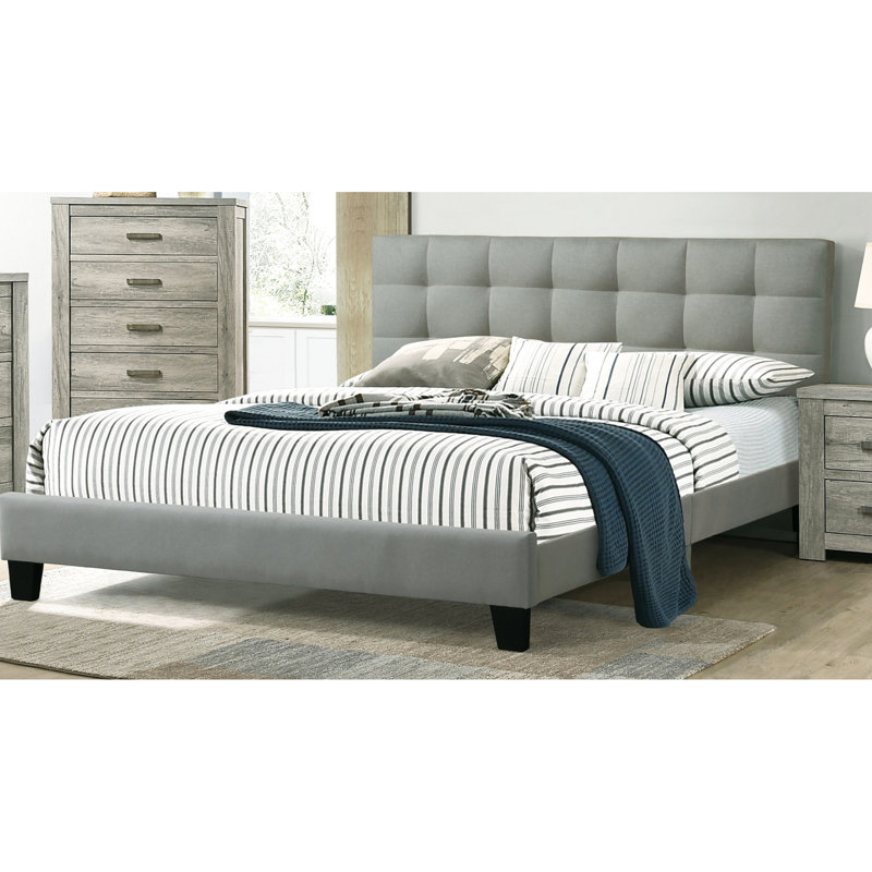 Tête de lit moderne gris avec lit double et lit plateforme: Polyfibre et mousse, Double, Gris clair