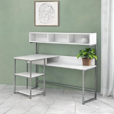 Bureau d'ordinateur contemporain en forme de L avec rangement en stratifié blanc et base en métal gris