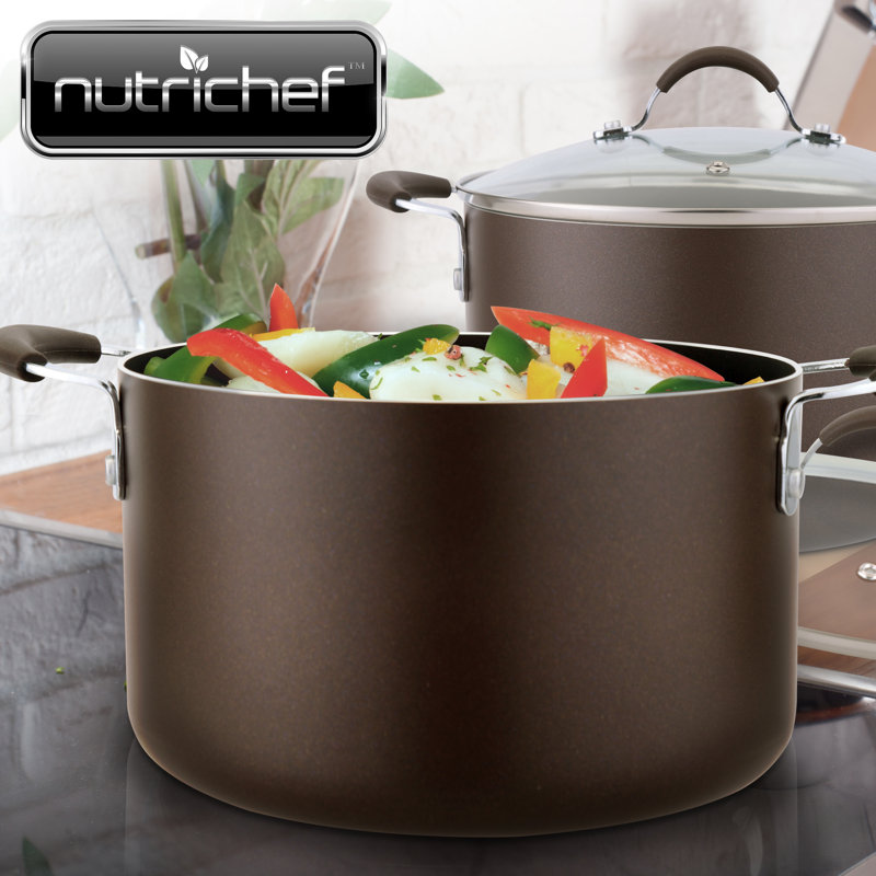 NutriChef 5 qt. Non-Stick Aluminum Stainless Steel Pot Set, Brown