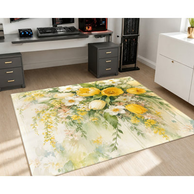 Tapis d'intérieur à motif floral de tulipes jaune vif, style aquarelle artistique, antidérapant, doux et lavable, idéal pour le salon, la chambre, la cuisine, l'entrée ou un appartement.